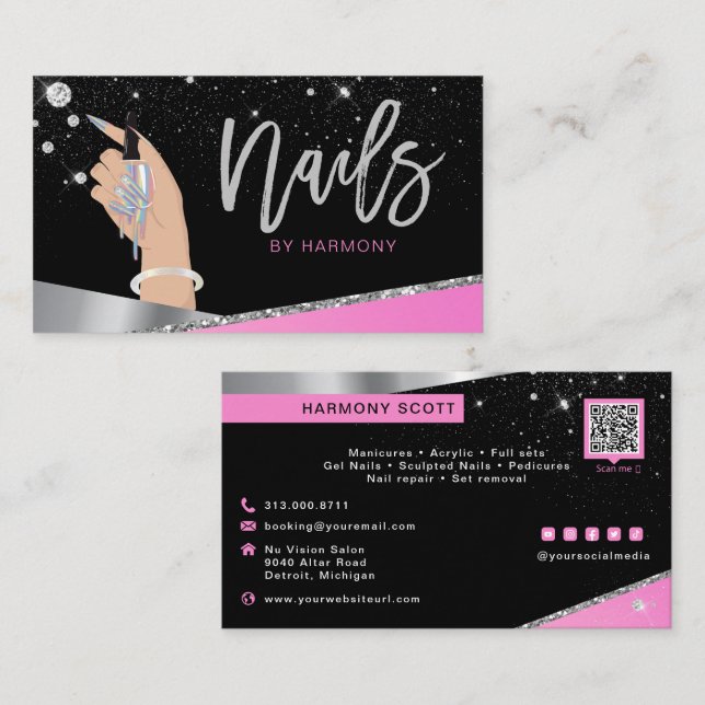 Carte De Visite Nail Tech Artiste Glam rose Silver Diamond Salon B (Devant / Derrière)