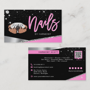 Carte De Visite Nail Tech Artiste Glam rose Silver Diamond Salon B