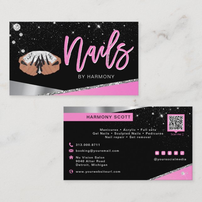 Carte De Visite Nail Tech Artiste Glam rose Silver Diamond Salon B (Devant / Derrière)