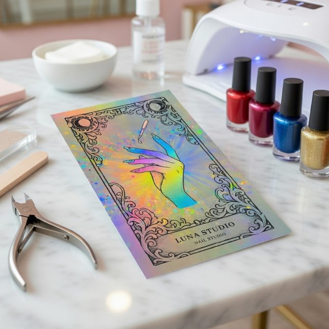 Carte De Visite Nail Tech | Holographic Celestial Nail Studio (Créateur téléchargé)