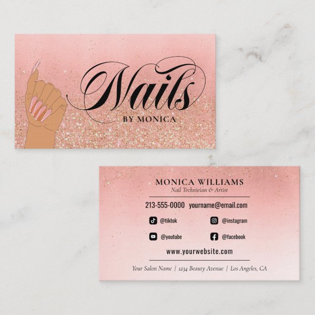 Carte De Visite Nail Tech Manicure Artiste Peach Gold Glam Parties (Devant / Derrière)