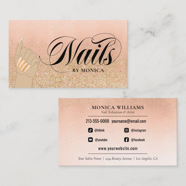Carte De Visite Nail Tech Manicurist Golden Glam Salon Business (Devant / Derrière)