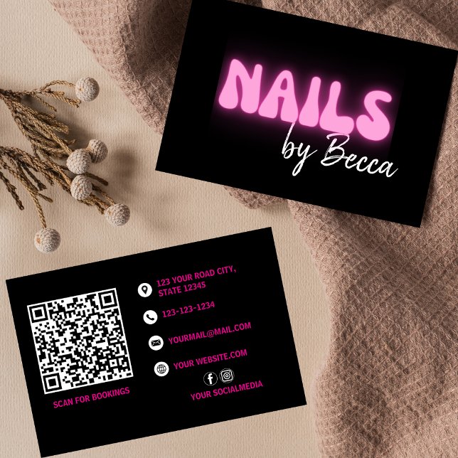 Carte De Visite Nail Tech Retro rose Neon QR Code tendance (Créateur téléchargé)