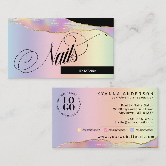 Carte De Visite Nail Tech/Salon - Holographique Pastel Rainbow, Lo (Devant / Derrière)