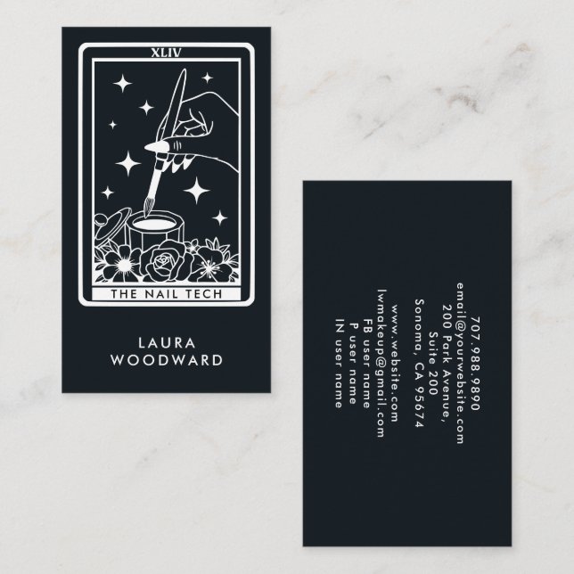 Carte De Visite Nail Tech Tarot Card Thème Noir (Devant / Derrière)