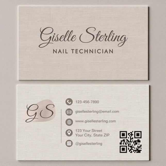Carte De Visite Nail Technician Beige Linen Modern Elegant QR Code (Créateur téléchargé)