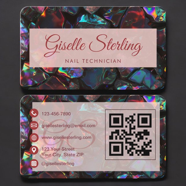 Carte De Visite Nail Technician Black Opal QR Code Professional (Créateur téléchargé)