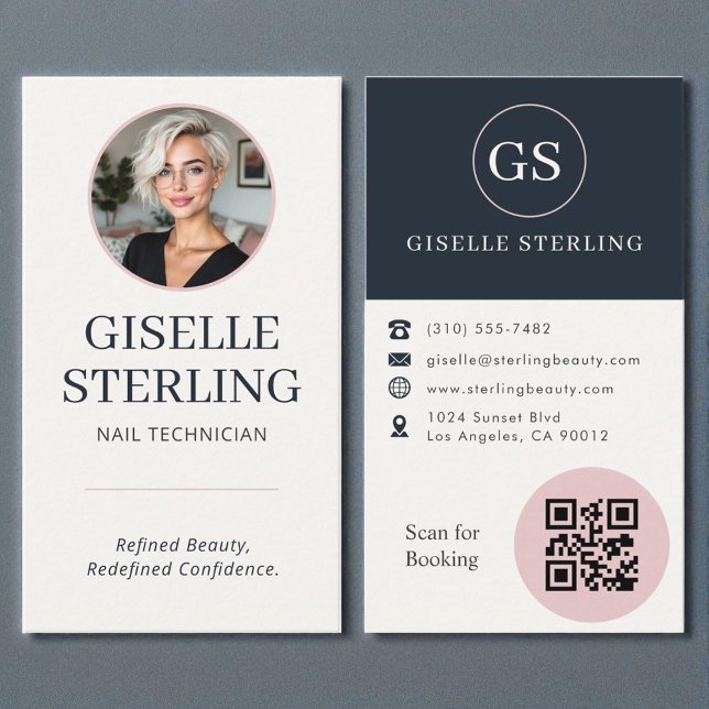 Carte De Visite Nail Technician Blush & Navy Photo QR Code  (Créateur téléchargé)