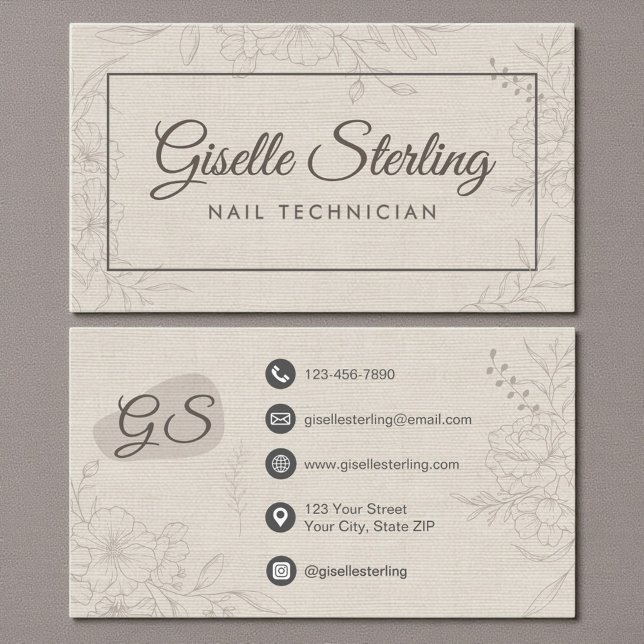 Carte De Visite Nail Technician Neutral Linen Floral Elegant (Créateur téléchargé)