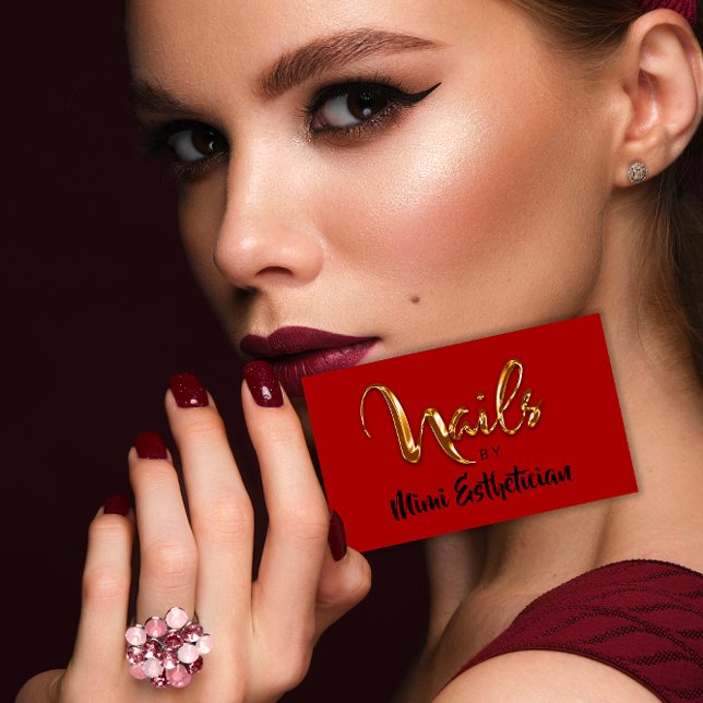 Carte De Visite Nails Studio Artist Red Nails Script Red Gold Logo (Nails Studio Artist Red Nails Script Red Gold Logo Business Card)