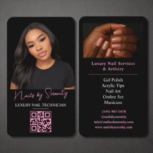 Carte De Visite Nails Technicien QR Code Luxury Black Rose Beauté