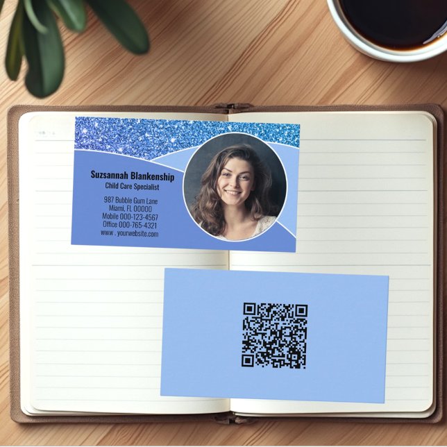 Carte De Visite Nanny professionnelle Photo personnalisée Bleu QR  (Template photo and QR code business card front and back)