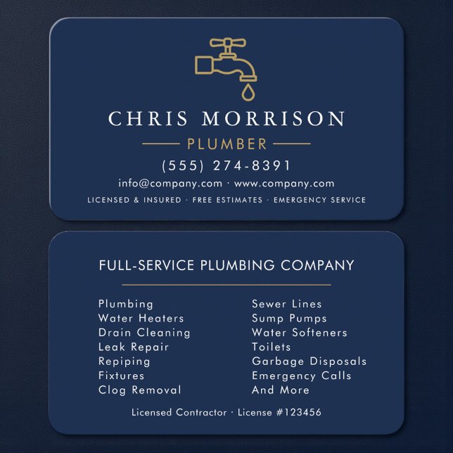 Carte De Visite Navy Blue and Gold Modern Plumbing (Créateur téléchargé)