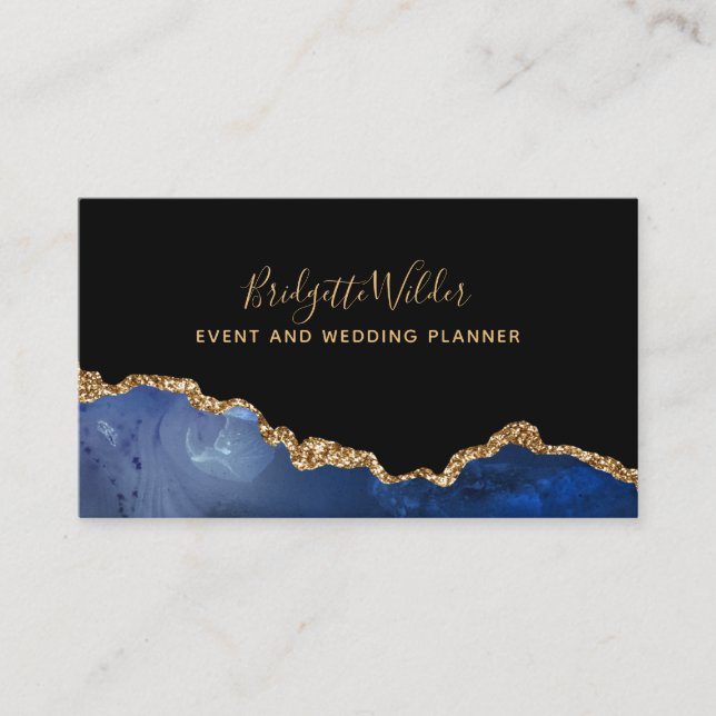 Carte De Visite Navy Blue Black Gold Foil Agate Event Planner (Devant)