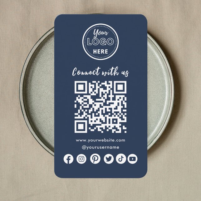 Carte De Visite Navy Blue Connect Us Social Media QR Code (Créateur téléchargé)