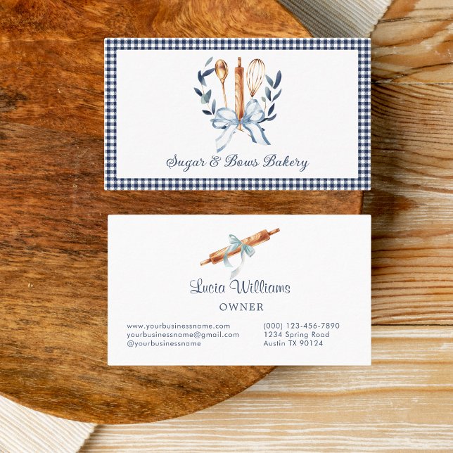 Carte De Visite Navy Blue Gingham Coquette Bow Utensils Bakery (Navy Blue Coquette bow Utensils cooking business card)