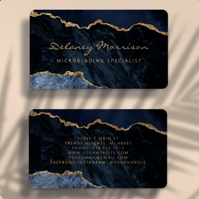 Carte De Visite Navy Blue Gold Agate Microblading Rounded (Créateur téléchargé)