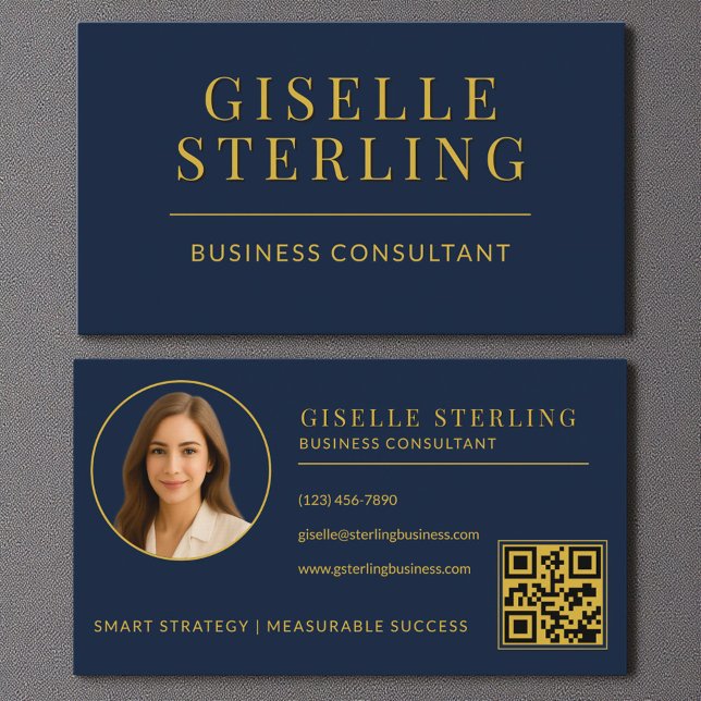 Carte De Visite Navy Blue Gold Business Consultant Photo QR Code (Créateur téléchargé)