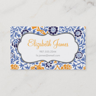 Carte De Visite Navy Blue & Orange Retro Floral Damask