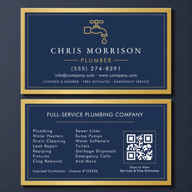Carte De Visite Navy Blue Plumber Contractor QR Code Gold Metallic (Créateur téléchargé)