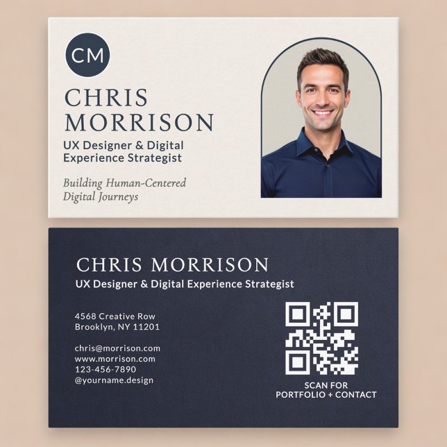 Carte De Visite Navy Blue Professional QR Code Photo Slate Stone (Créateur téléchargé)