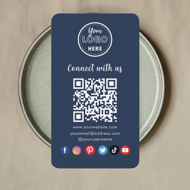 Carte De Visite Navy Blue QR Code Connectez-vous aux médias sociau (Créateur téléchargé)