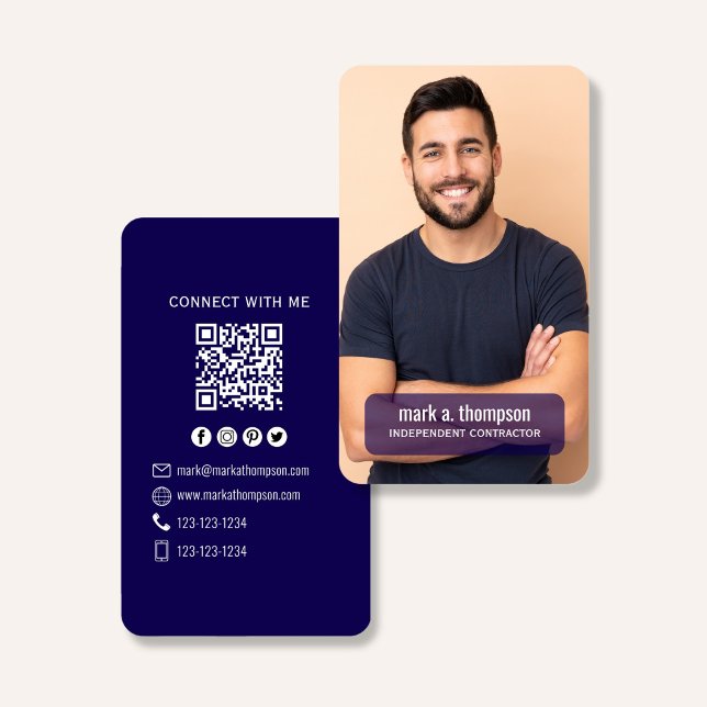Carte De Visite Navy Blue QR Code Photo Connect Modern (Dark navy QR code business card with photo and sleek modern minimalist design)