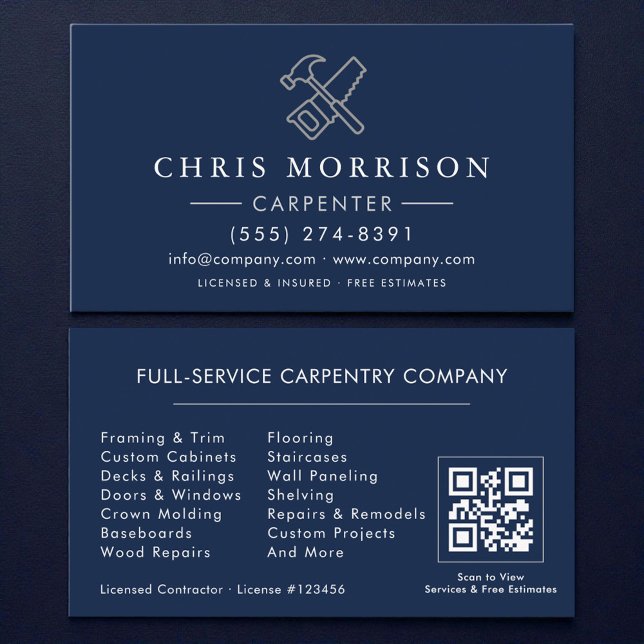 Carte de visite Navy Blue Silver QR Code pour menu (Créateur téléchargé)