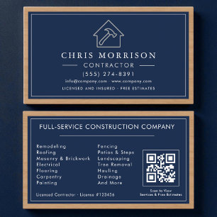 Carte de visite Navy Blue Silver Wood QR Code pour