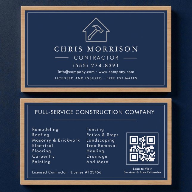Carte de visite Navy Blue Silver Wood QR Code pour (Créateur téléchargé)