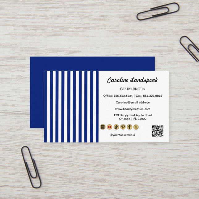 Carte De Visite Navy Blue White Stripes QR Code, Social Media Icon (Devant/Arrière en situation)