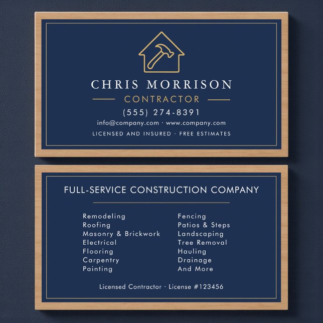 Carte De Visite Navy Blue Wood Building Construction Business Card (Créateur téléchargé)