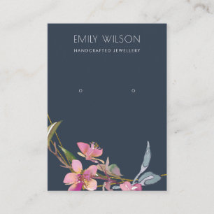 CARTE DE VISITE NAVY CHERRY BLOSSOM FLORAL EARRING DISPLAY LOGO
