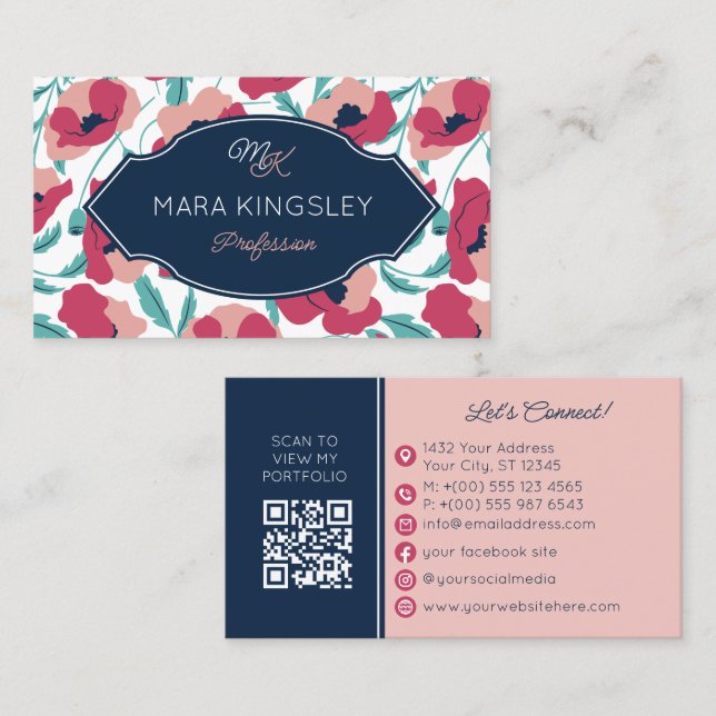Carte De Visite Navy Pink Modern Poppy Pattern Monogram (Devant / Derrière)