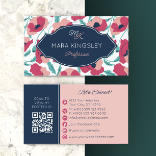 Carte De Visite Navy Pink Modern Poppy Pattern Monogram