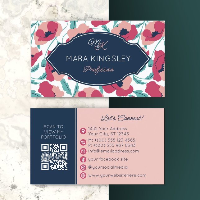 Carte De Visite Navy Pink Modern Poppy Pattern Monogram (Créateur téléchargé)