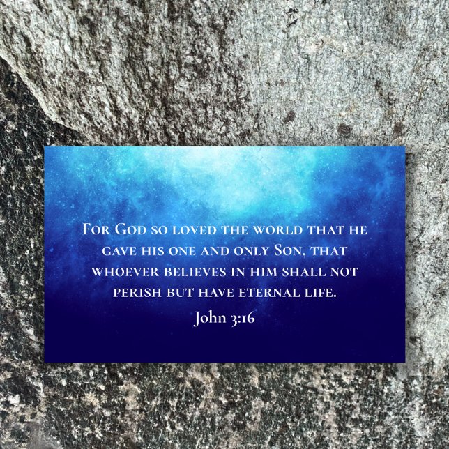 Carte De Visite Nébuleuse bleue moderne Jean 3:16 Écriture bibliqu (Customize this scripture card. John 3:16 Bible verse in modern script on blue nebula background.)
