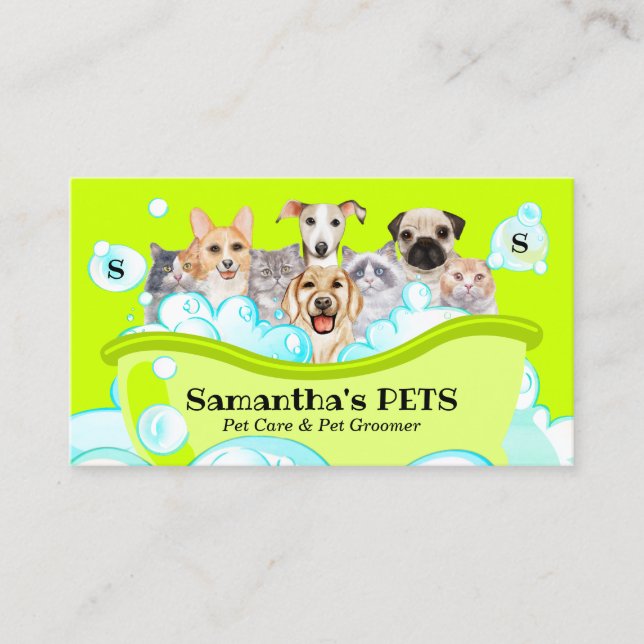 Carte De Visite Neon Green Spa Sitter Groom PetCare Baignade (Devant)