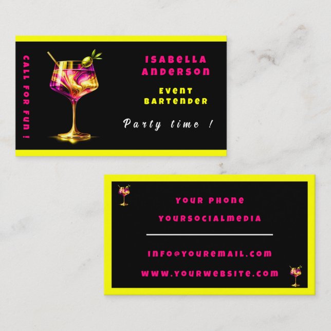 Carte De Visite Neon Modern Party Time Personnalisé Professionnel (Devant / Derrière)