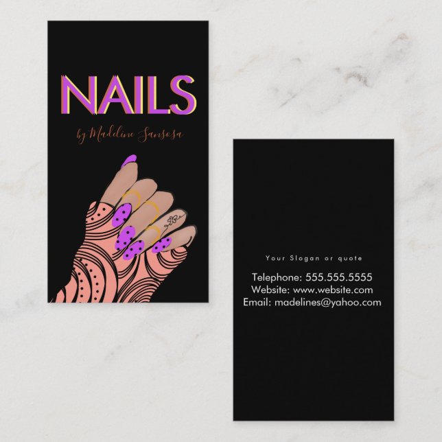Carte De Visite Neon Nail Tech Triple Letters mains  (Devant / Derrière)
