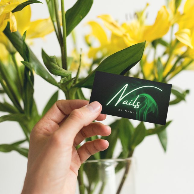 Carte De Visite Neon Vert & Fumée Nails / Nail Tech Script (Créateur téléchargé)