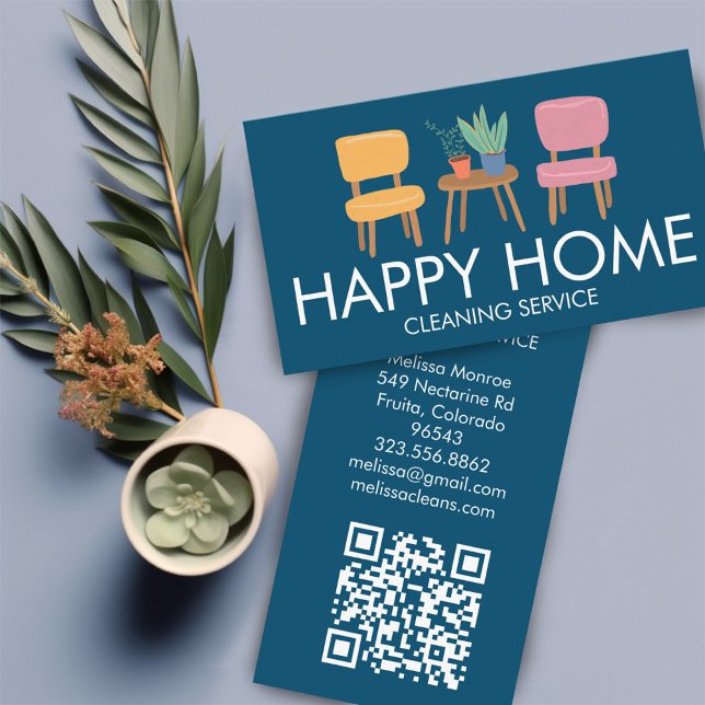 Carte De Visite Nettoyage de la maison chaises mignonnes Plantes Q (House Cleaning Services Home Decor Cute Chairs Plants Custom QR Code Business Card
)