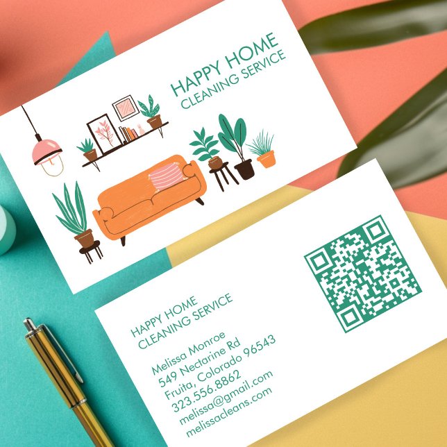 Carte De Visite Nettoyage de la maison Cute Livingroom Art personn (House Cleaning Cleaner Maid Cute Livingroom Art Custom QR Code Business Card
)