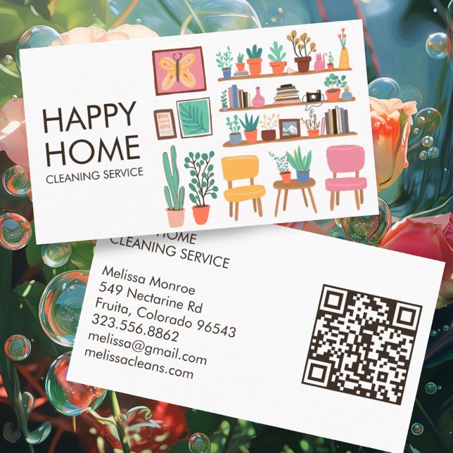 Carte De Visite Nettoyage de la maison Cute Livingroom Art personn (Adorable living room scene on these custom business cards with QR codes)