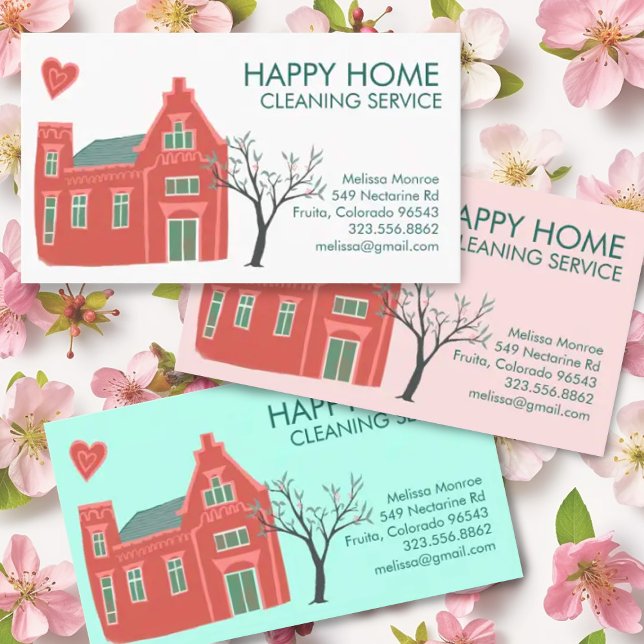 Carte De Visite Nettoyage de la maison Services à la maison Charme (Cute house hand-drawn illustration decorates this custom business card. Add your text, change colors)