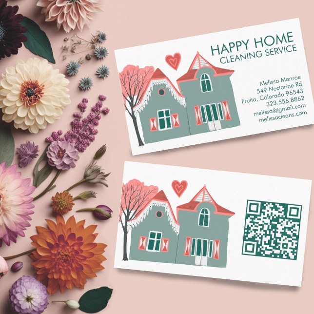 Carte De Visite Nettoyage de la maison Services à la maison rose v (Cute house illustration cleaning services business card with custom QR code)