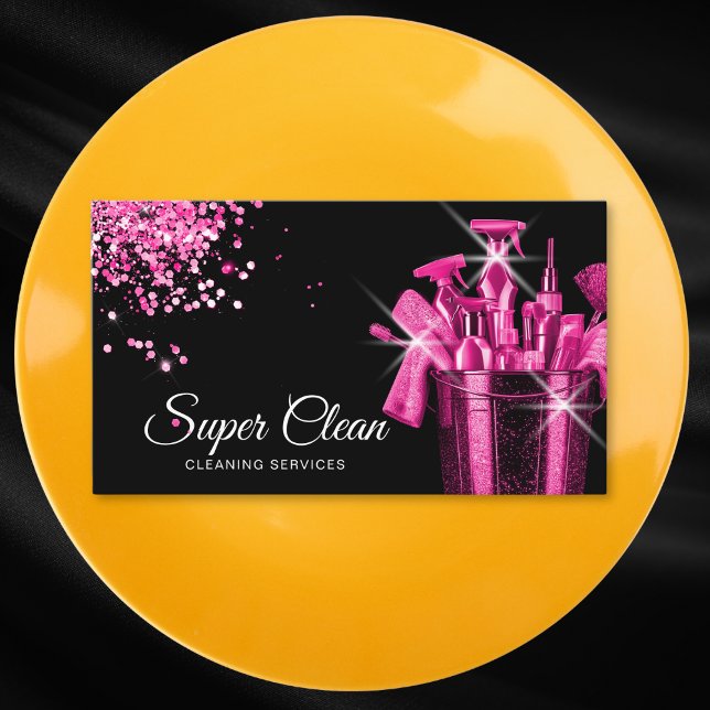 Carte De Visite Nettoyage de maison commerciale rose Fille (hot pink glitter cleaning buck with cleaning tools)