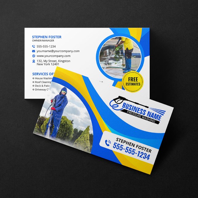 Carte De Visite Nettoyage de Maison sous Pression Jaune Bleu Servi (Créateur téléchargé)