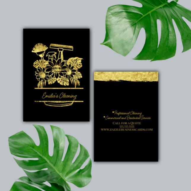 Carte De Visite Nettoyage Faux Or Logo Script Floral  (Créateur téléchargé)