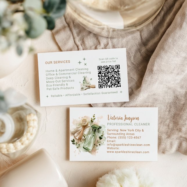 Carte De Visite Nettoyage Ménager Éco Moderne Code QR Minimal (Modern Eco Cleaner Housekeeping QR Code Minimal Business Card)